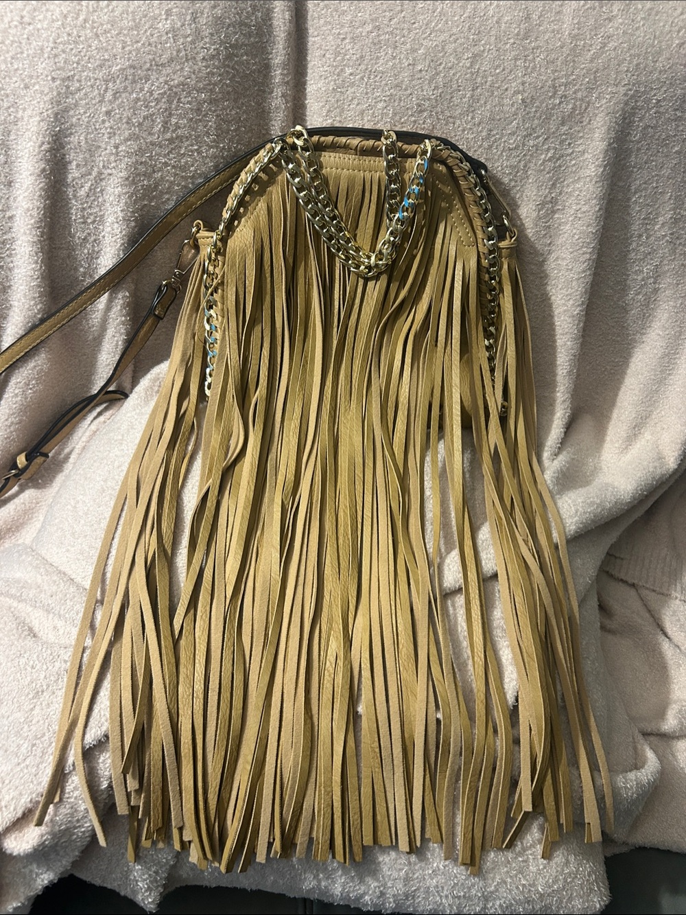 Fringe Crossbody Bag in Camel with Gold Chain